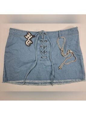 NWT HIDDEN CULT Denim Blue Jean Skirt Tie Front Light Wash NEW Women's Large